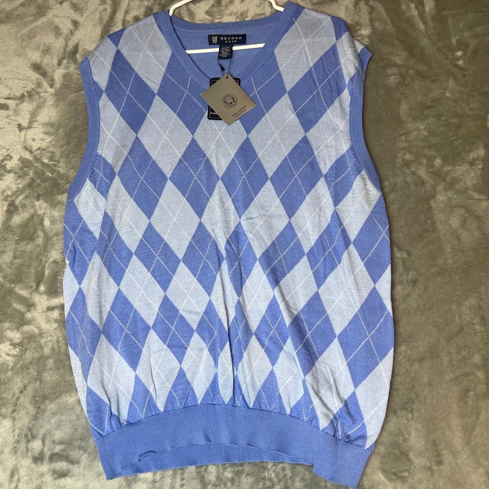 Oxford Golf Mens Argyle V Neck Sleeveless Vest Sweater Large 100 Pima Cotton NWT
